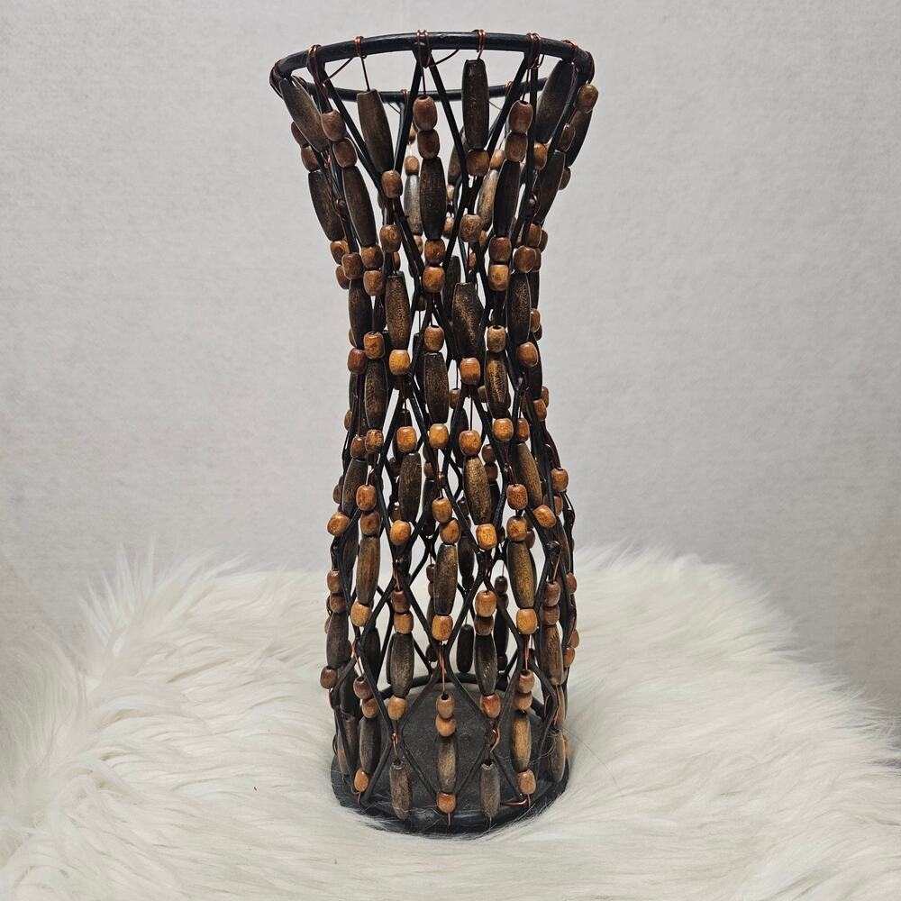 Vintage Brown Beaded Wood Vase - Boho Decorative Core for Faux Flowers - 10"